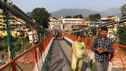 Laxman Jрula Bridge Traffic in Rishikesh Stock Footage 120215224