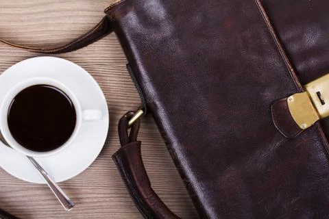 Lay flat image of a laptop and coffee cup Stock Photos