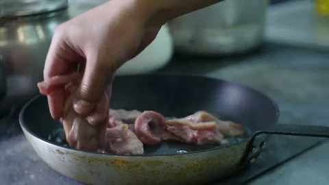To Lay Meat Frying Pan Stock Footage 78593590