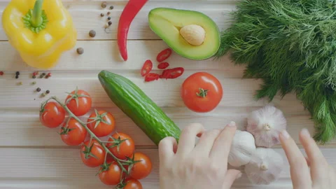 Lay out composition of fresh vegetables for photo, healthy food Stock Footage 99813852