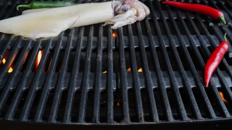Lay out the squids on the cast iron grill barbecue. Seafood Video stock 263317379