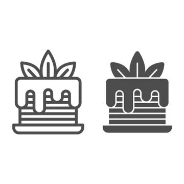 Layer cake with glaze and cream leaves line and solid icon, pastry concept Stock Illustration