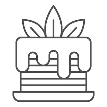 Layer cake with glaze and cream leaves thin line icon, pastry concept, Birthday Stock Illustration