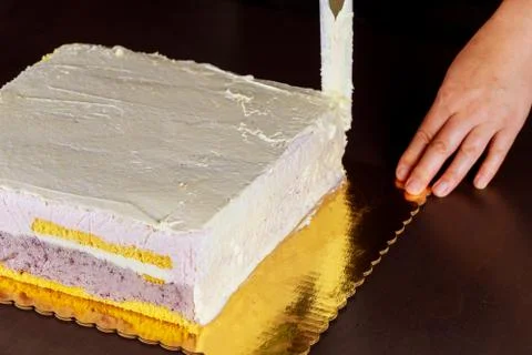 Layer pound cake with cream cheese and blended sour cherry filling. Stock Photos