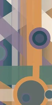 Layered architectural forms and circular motifs blend muted violet, teal, o.. Stock Illustration