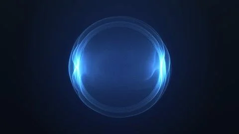 Layered blue particle halos surround a luminous digital core, providing a f.. Stockillustratie