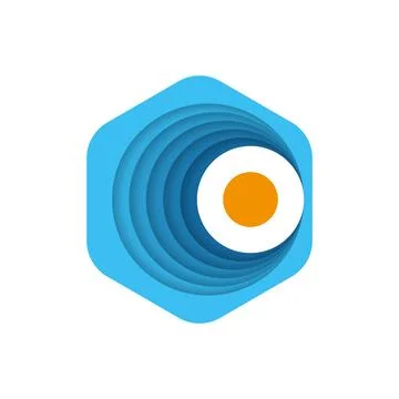 Layered blue waves and orange sun abstract logo design hexagon shape in mod.. Illustrazione stock