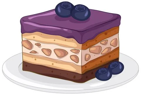Layered Blueberry Dessert Slice with Nut Filling on White Plate Stock Illustration