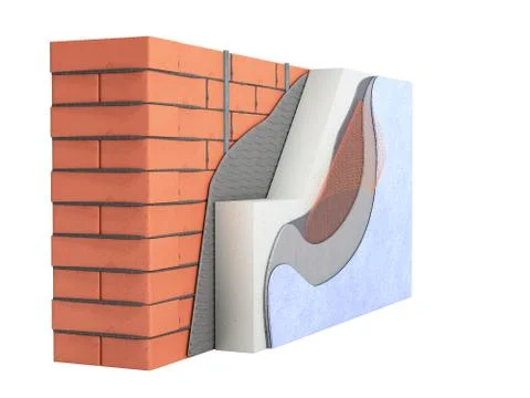 Layered brick wall thermal insulation concept 3d render on white no shadow Stock Illustration