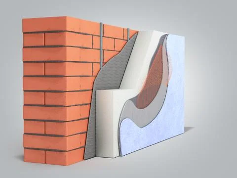 Layered brick wall thermal insulation concept 3d render on grey gradient back Stock Illustration