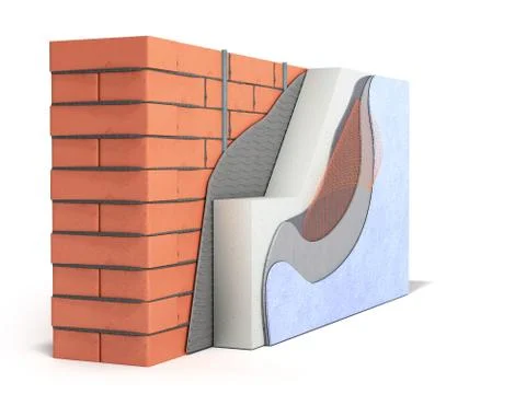 Layered brick wall thermal insulation concept 3d render on white background Illustrazione stock