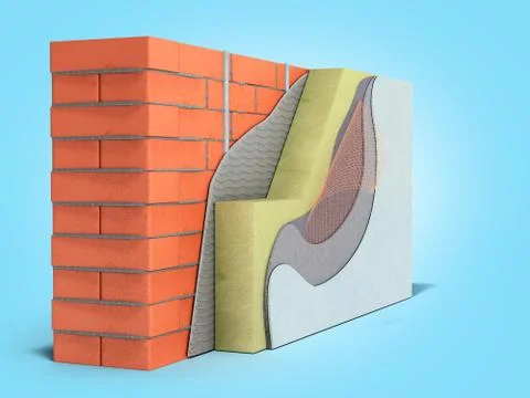 Layered brick wall thermal insulation concept 3d render on blue gradient back Stock Illustration
