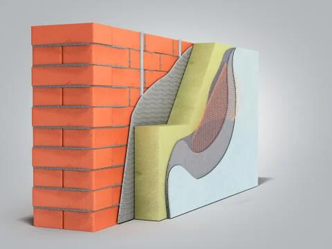 Layered brick wall thermal insulation concept 3d render on grey gradient back Stock Illustration