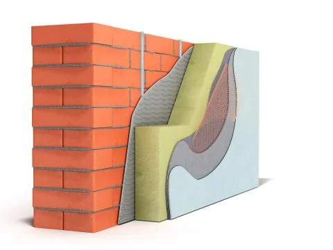 Layered brick wall thermal insulation concept 3d render on white background Stock Illustration