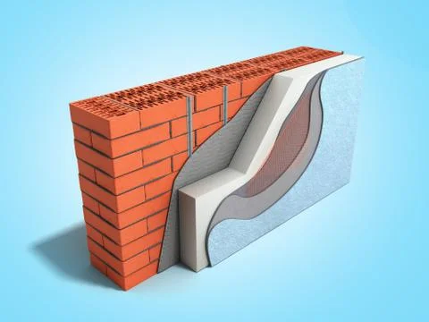 Layered brick wall thermal insulation concept 3d render on blue gradient back Illustrazione stock