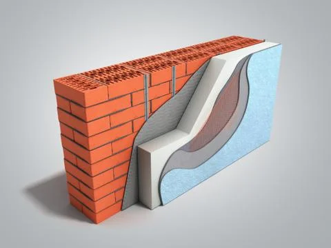 Layered brick wall thermal insulation concept 3d render on grey gradient back Illustrazione stock