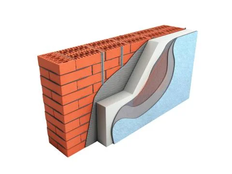 Layered brick wall thermal insulation concept 3d render on white background n Stock Illustration