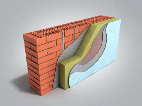 Layered brick wall thermal insulation concept 3d render on grey gradient back Stock Illustration