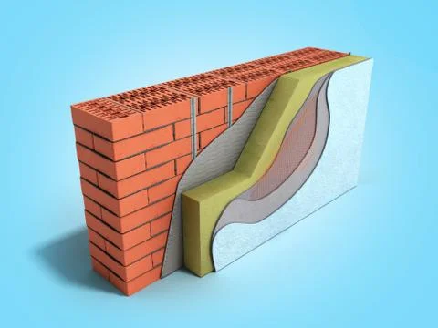 Layered brick wall thermal insulation concept 3d render on blue gradient back Illustrazione stock