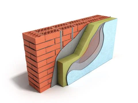 Layered brick wall thermal insulation concept 3d render on white background Stock Illustration