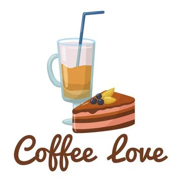 Layered cake slice with berries next to a latte in glass cup. Delicious dessert Stock Illustration
