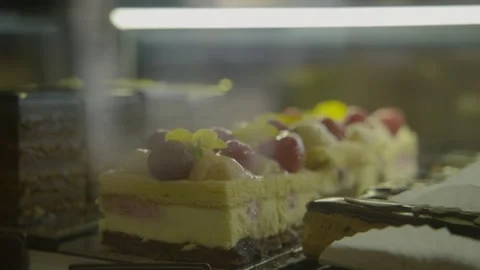 Layered Cakes and Pastries on Display in Sydney Bakery Shop Counter Stock Footage 345655464