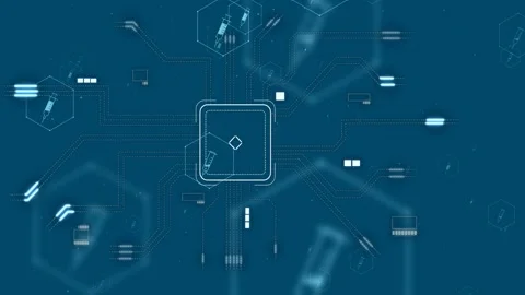 Layered central square appearing and growing, moving packets along traces, Stock Footage 333859653