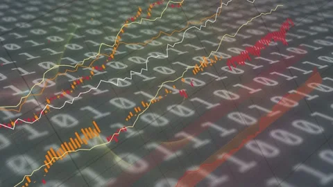Layered charts animating over binary plane, triggered by rising orange markers Stock Footage 334788111