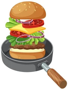 Layered Cheeseburger Ingredients Floating Above Frying Pan Stock Illustration