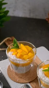 Layered Chia Seed Pudding with Fresh Mango and Shredded Coconut Stock Photos