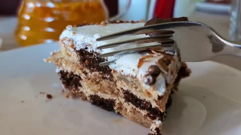 Layered chocolate and vanilla cake slice with whipped cream Stock Footage 336743173