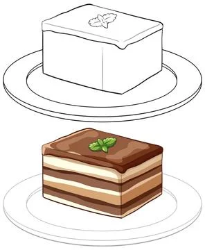 Layered Chocolate Cake Slice with Mint Leaf on a Plate Stock Illustration