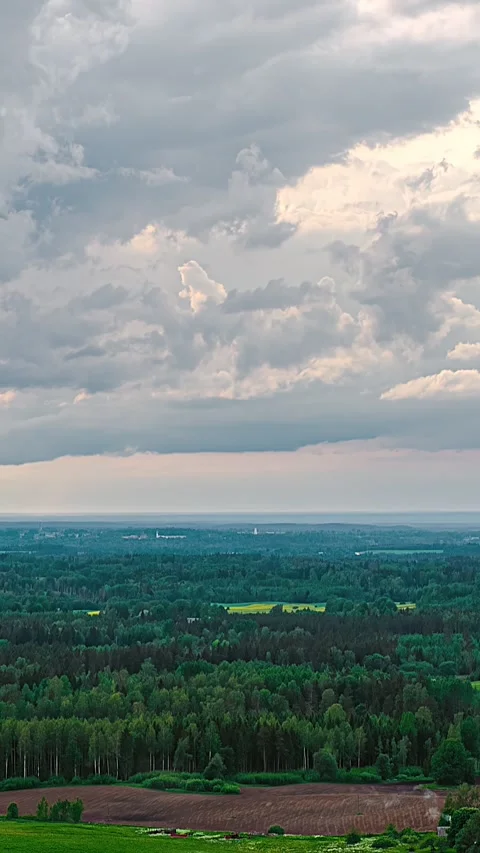 Layered Clouds Over Forest and Cultivated Rural Fields, Time Lapse Stock Footage 342786386
