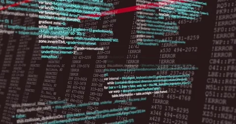 Layered code display showing cyan lines over data cols, view pulling back, red Stock Footage 329454945