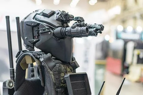 Layered composite image of multiple people in military armor suits, wearing h Stock Photos