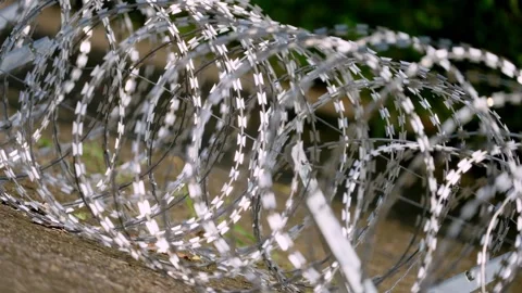 Layered Concertina Razor Wire Spirals Facing Camera, Close View Stock-Footage 344121428