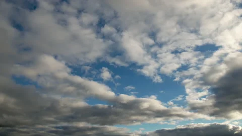 Layered cumulus clouds floating across the blue sky in the evening. Stock Footage 163263532