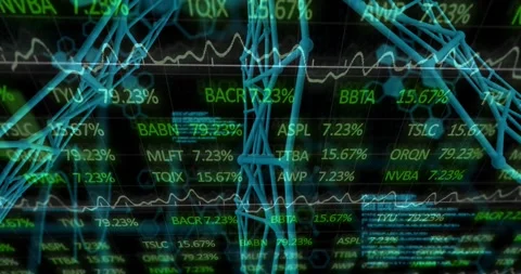 Layered dashboard starting frame 1, cyan lattice and waveform pulsing, tickers Video stock 329470742