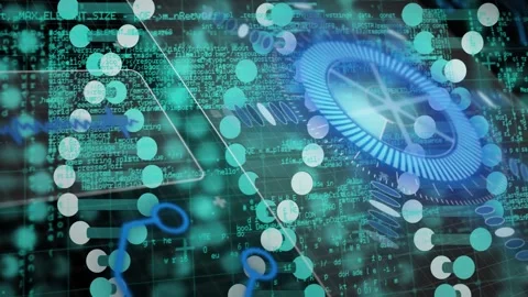 Layered data visuals evolving in abstract HUD, forming teal node strands, radial 動画素材 333004424