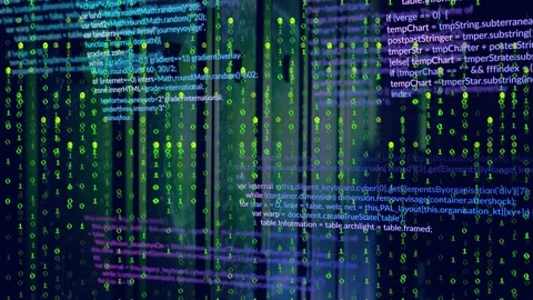 Layered data viz starting sequence, showing cascading binary and sliding code Stock Footage 332881873