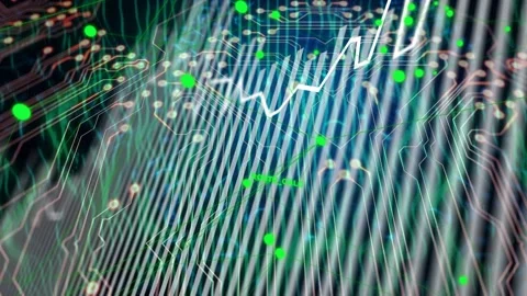 Layered digital data visualization responding to node activation, chart rising Vidéo 335466044