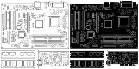 Layered editable vector illustration outline of old computer motherboard, m.. Stock Illustration