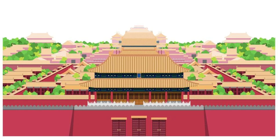 Layered editable vector illustration panorama of the Forbidden City in Beij.. Stock Illustration