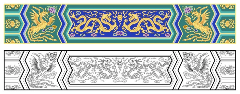 Layered editable vector illustration pattern of dragon and Phoenix,which ar.. Stock Illustration