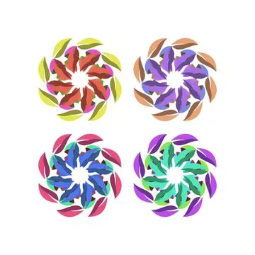 Layered Floral Pattern with Radiating Petals in Red, Purple, Blue, and Gree.. Illustrazione stock