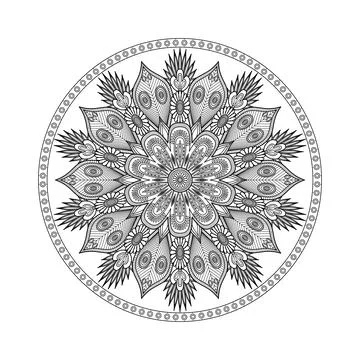 A layered floral rosette with sharp foliage and delicate inner motifs forms.. Stock Illustration