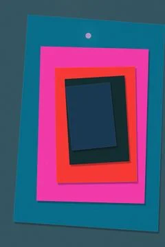 Layered geometric paper frames in neon pink, orange, and blue create a mode.. Stock-Illustration
