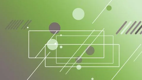 Layered geometric UI frames, circles, and diagonal lines float on a green g.. Illustrazione stock