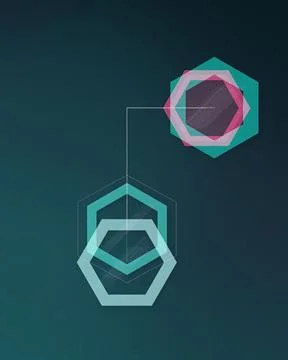 Layered hexagonal forms connect through fine lines in a sleek teal and mage.. Stock Illustration