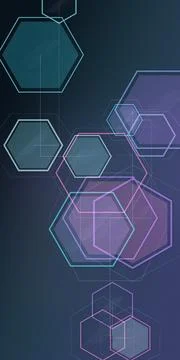 Layered hexagonal outlines glow in teal, blue, violet, and magenta over a d.. Ilustração Stock